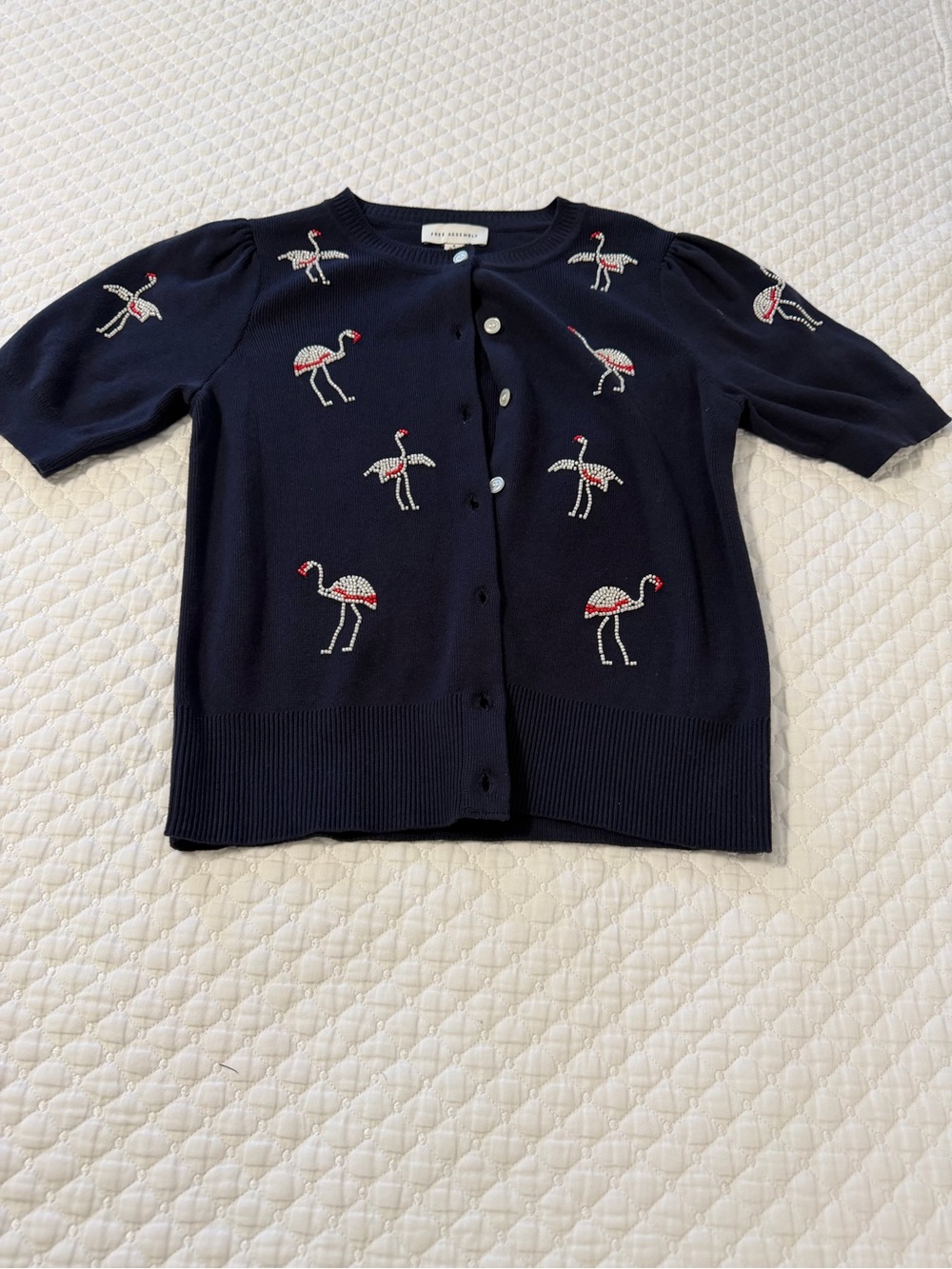 Navy Flamingo Embroidered Short-Sleeve Cardigan